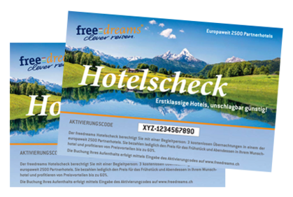 %color_start%2 FÜR 1 ANGEBOT:%color_end%
2 freedreams Hotelschecks für nur CHF 85.- statt CHF 170.-